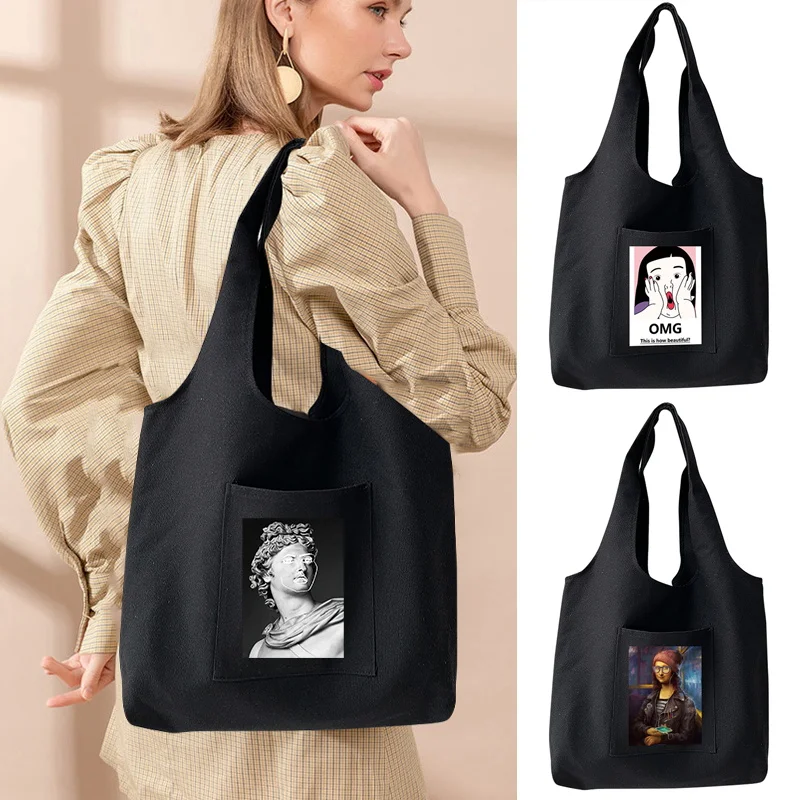 

Women's Shoulder Bags Reusable Large Capacity Shopping Bag Shopper Canvas Tote Bag Funny Pattern Harajuku Handbags Organizer