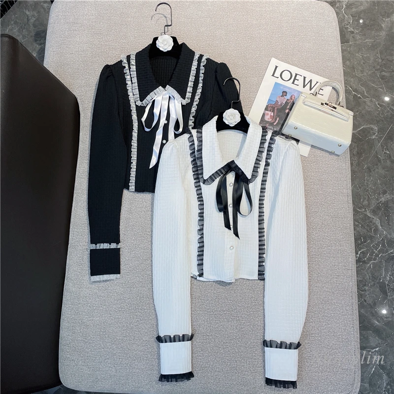 

Модные рубашки для женщин, новинка весны 2022, милая приталенная черно-белая блузка с воротником-бантом и оборками, Женский шикарный топ