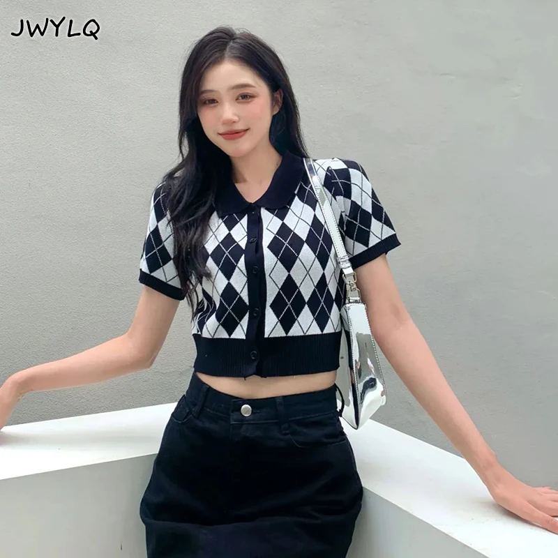 

Summer Thin Polo Collar Argyle Pullover Sweater Women Harajuku Sexy Short Sleeve Streetwear Cropped Sweater Korean Loose Sweater