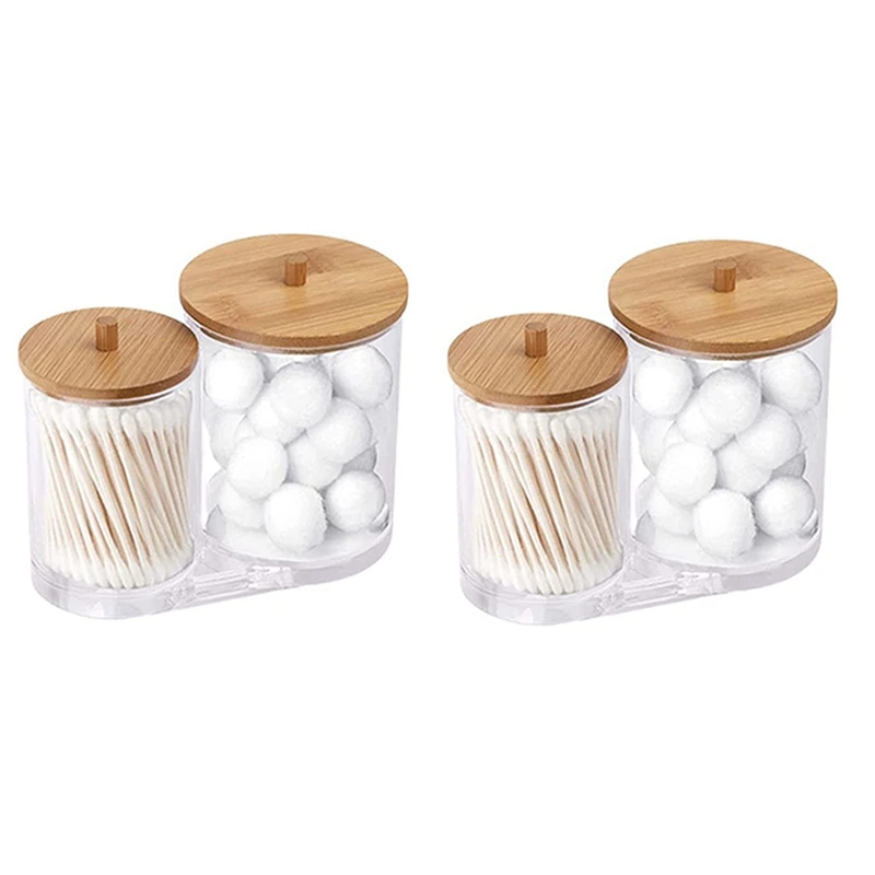 

2X Cotton Swab Pads Holder With Bamboo Lids, Acrylic Qtip Holder Cotton Buds Ball Dispenser Cotton Round Pad