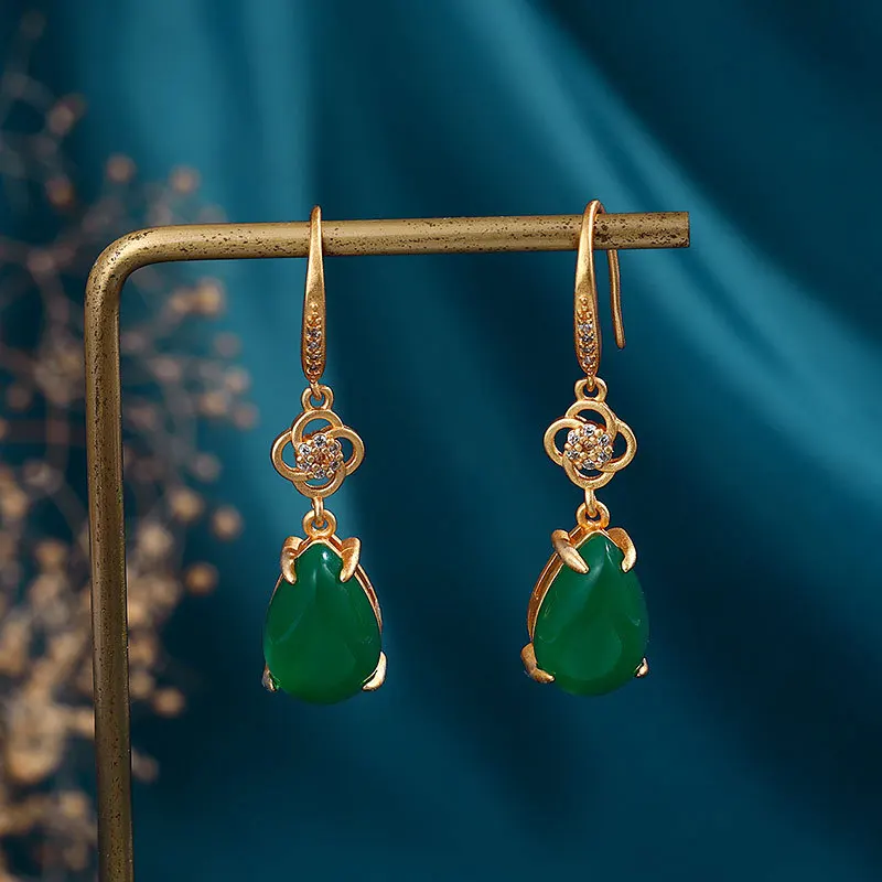 

Классические дизайнерские аксессуары, древние золотые серьги в форме капли воды, натуральные Зеленые искусственные украшения для женщин