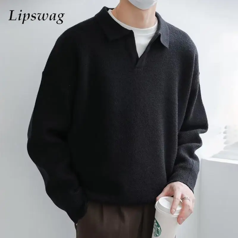 

Мужской однотонный пуловер с длинным рукавом и воротником-поло