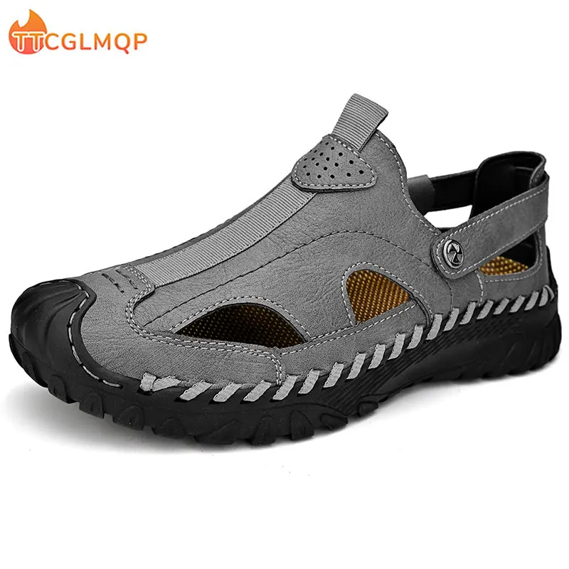 

New Summer Genuine Leather Men's Sandals Classic Breathable Slip-On Sandals Men Outdoor Casual Beach Sandals Sneakers Plus Size