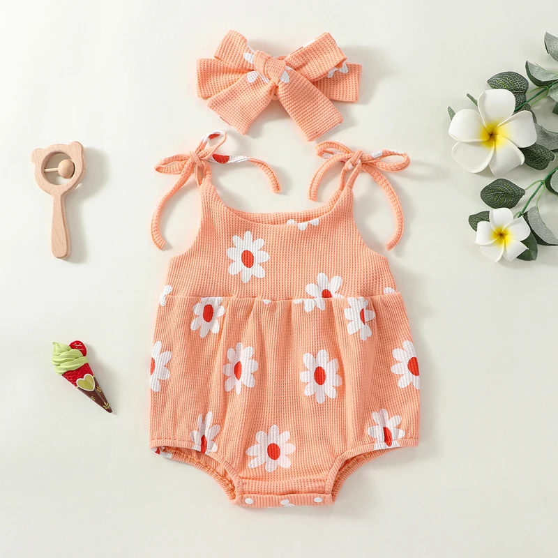 

New Toddler Baby Girl Jumpsuit Set Summer Floral Print Bandage Sleeveless Rompers And Stretch Headband 0-18 Months Hot Sale