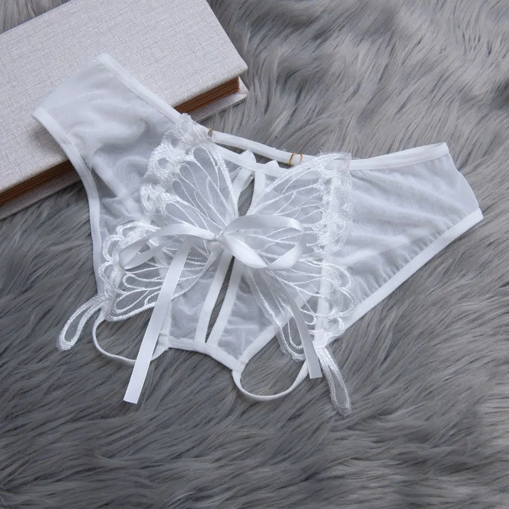 

Female Low-waist Solid Color Mesh Bandage T-Back Open Crotch Butterfly Panties Lace Thong Lady Lingerie Sexy Brief