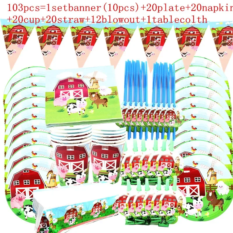

1set Farm Animals cow pig Birthday Themed party decor Tableware Set Plate Cup napkins Straw Party Props Baby Shower Supplies