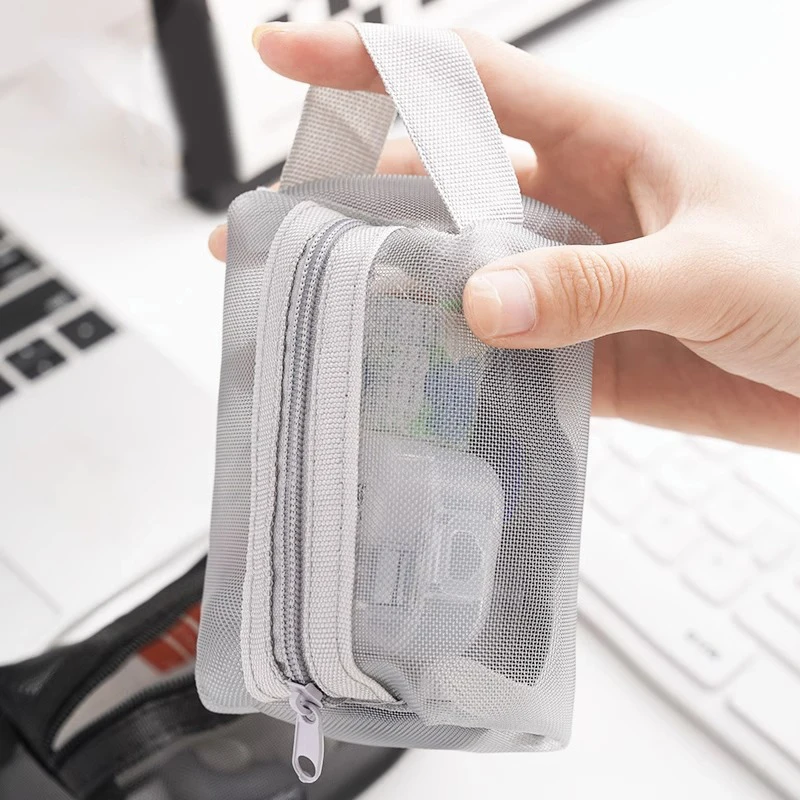 Handheld Square Nylon Mesh Cosmetic Bag Mini Wash Stationery Case Coin Purse Pouch Key Lipstick Earphone Organizer