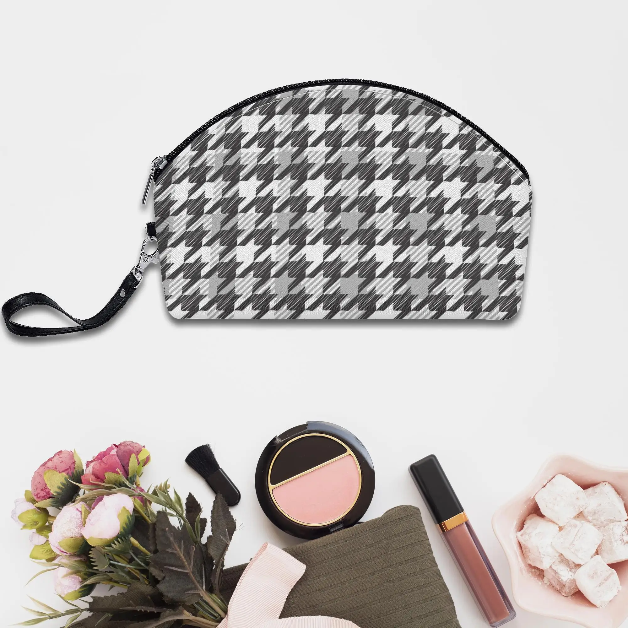 

Luxury Houndstooth Small Faux Leather Cosmetic Bag For Women Portable Removable Handle Strap Cosmetic Case Lady For Travel