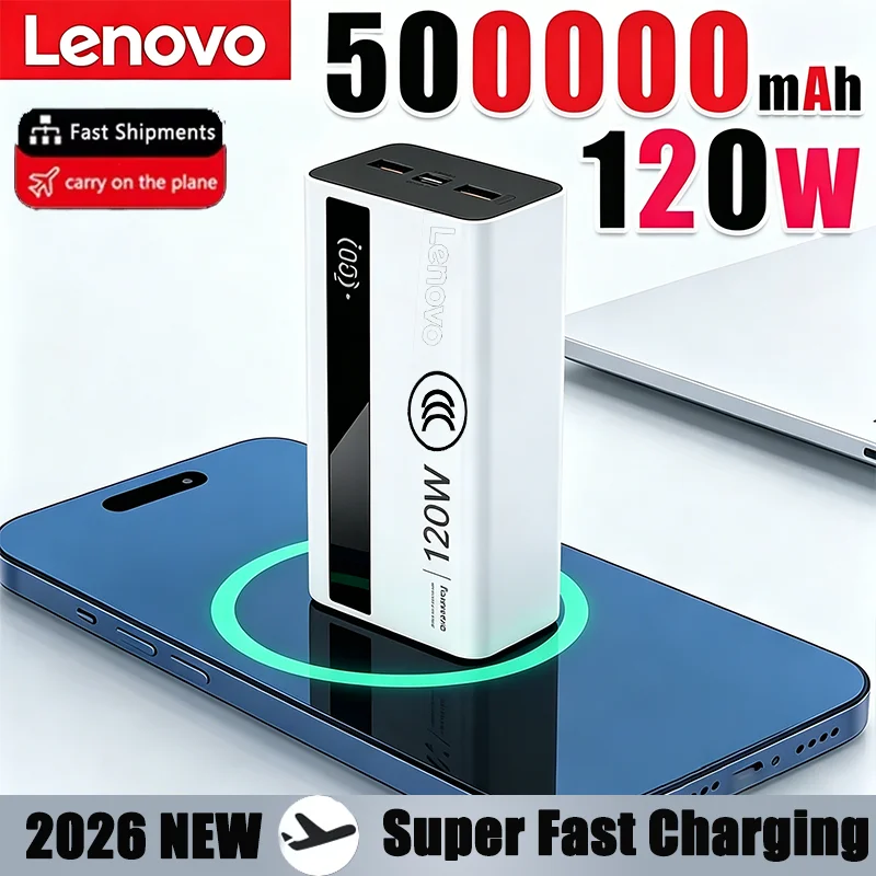 Фото Новый внешний аккумулятор Lenovo 2026 с высокой емкостью 500000 мАч, 3C, 120 Вт, сверхбыстрая зарядка, портативный, с LED-дисплеем, для iPhone и Samsung №1