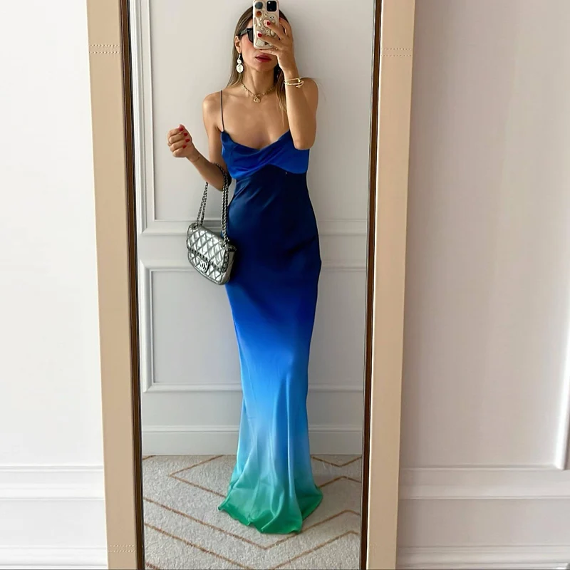 

Sexy Slim Backless Long Dress Women Fashion Summer Draped Vocation Dresses Elegant Sleeveless Waist Gradient Party Sling Dress
