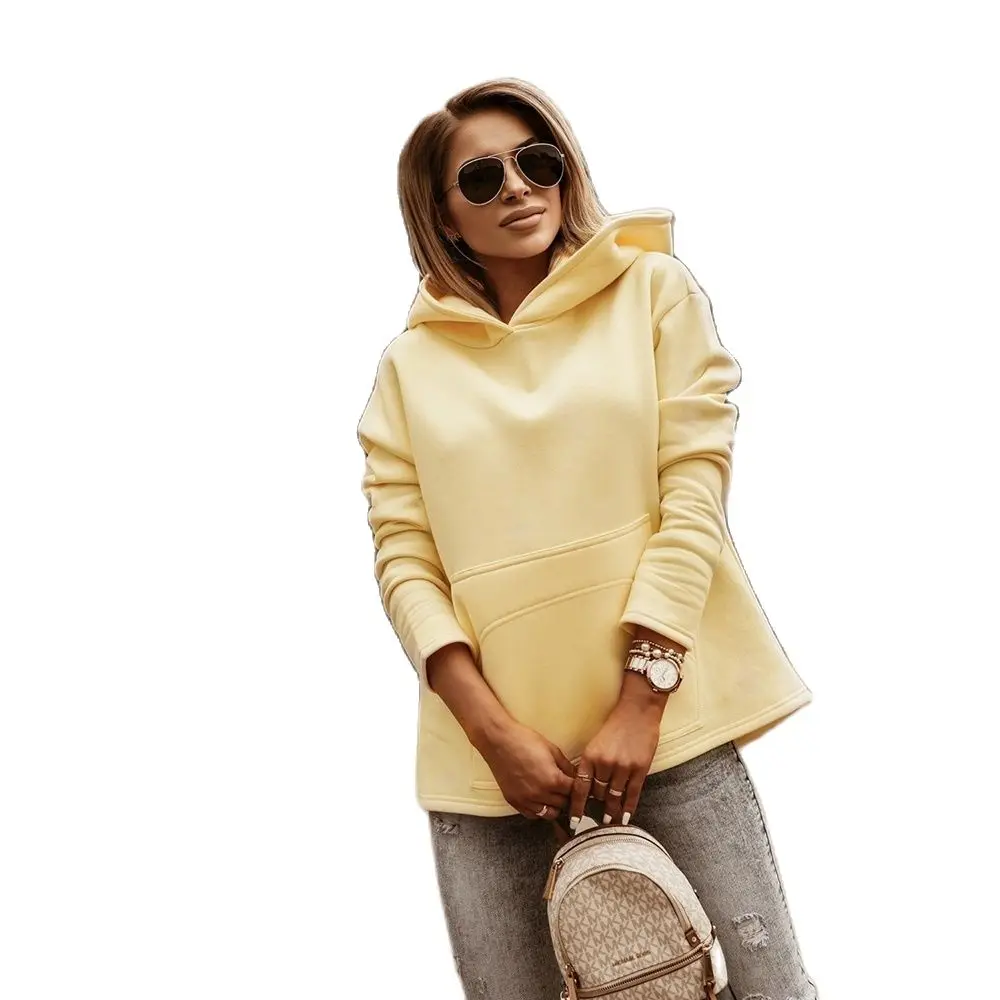 

Осенне-зимние модели с длинным рукавом, однотонные Топы с капюшоном, женская одежда, Прямая поставка