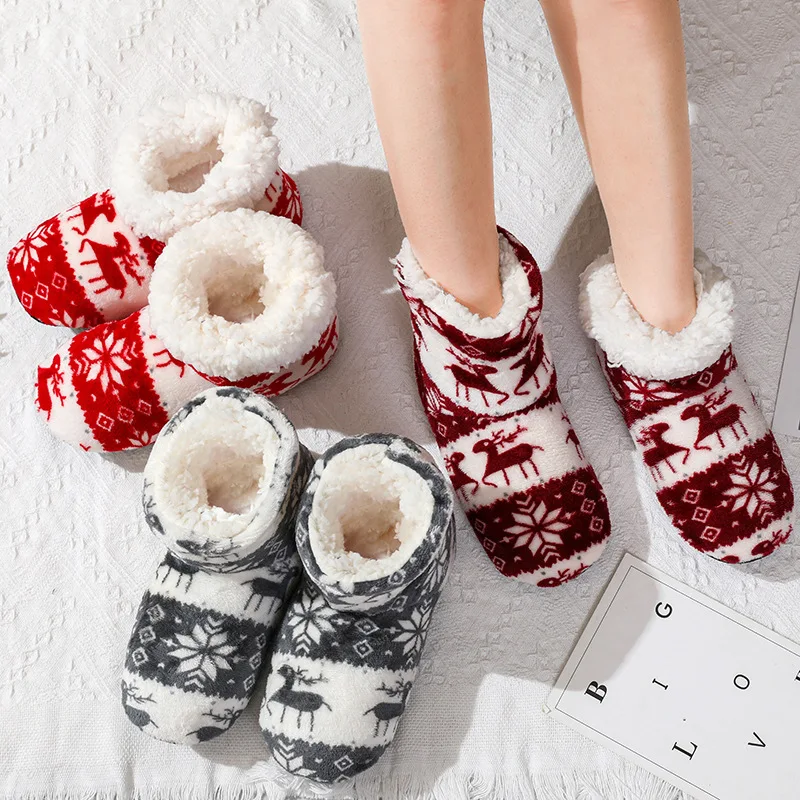 

Christmas Elk Indoor Socks Adult Home Slippers Women Winter Floor Shoes Shoes Warm Fur Slides Ladies Plush Slippers