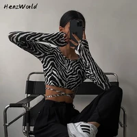 henzworld black and white zebra pattern tops t shirts for women long sleeve fashion elegant sexy backless bodycon cropped top