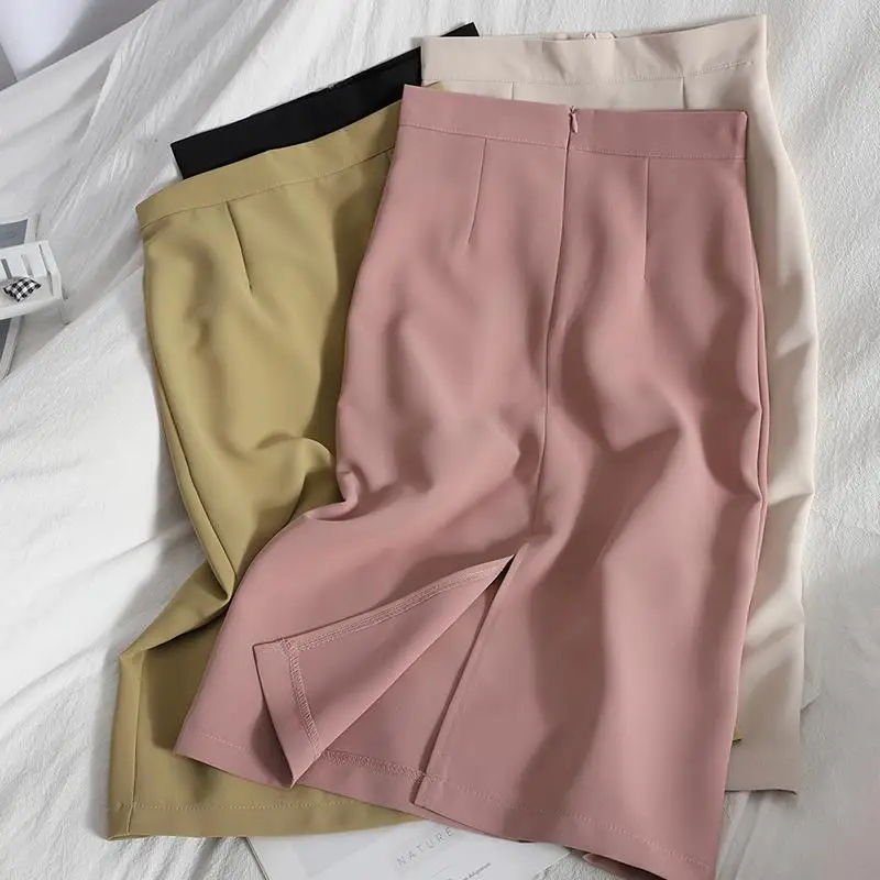 

Korean Version of The Casual Skirt 2022 Summer Women's New Solid Color High Waist Bag Hip Skirt Rear Slit Ladies One-step Skirt