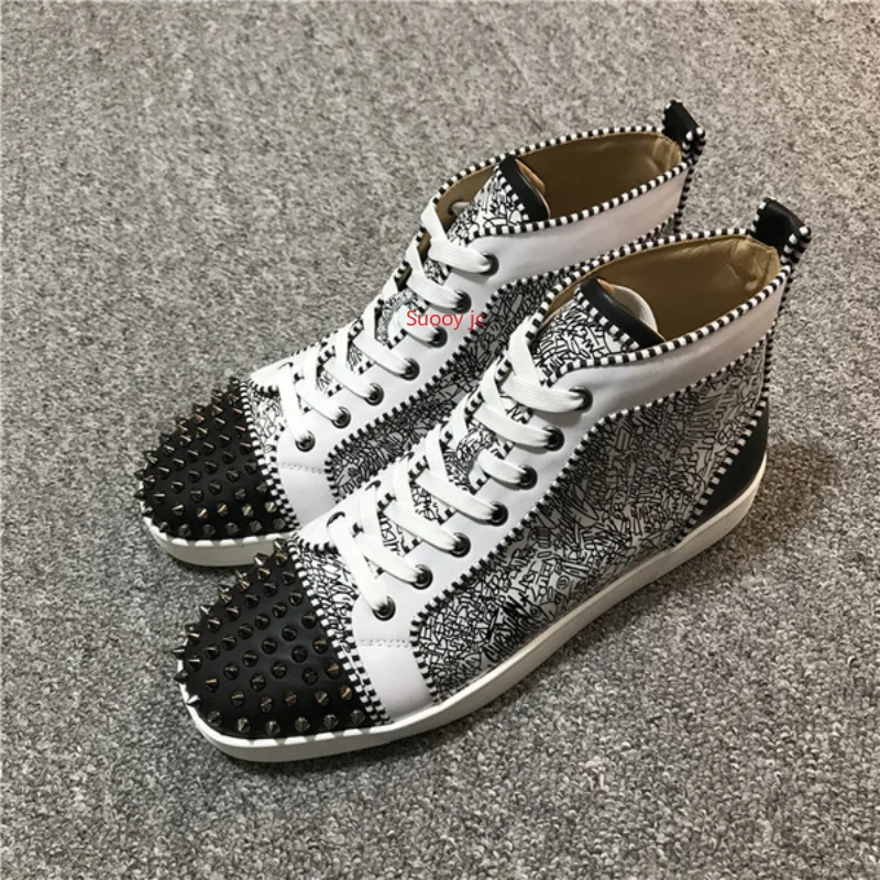 

New high-top shoes leather rivets red bottom trend all-match couple casual sneakers