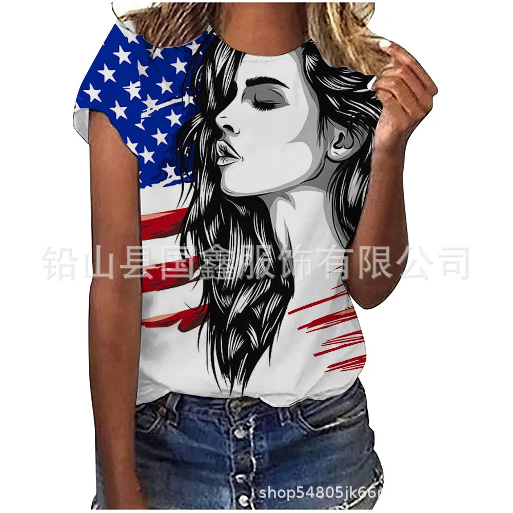 

USA National Day Commemorative T-shirts Women's Fashion Pullover Stars and Stripes Pattern Tees Summer Casual Girl's Streetwear