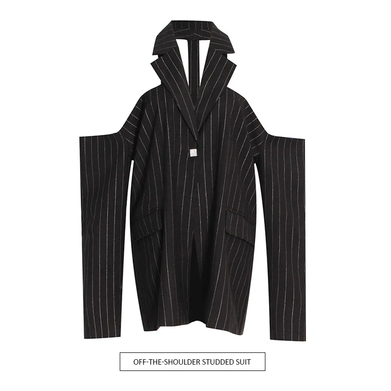 

Women's Casual Suits 2022 Summer New Tops Off-the-Shoulder Back Nail Drills Personality Handsome Suit Striped Jacket