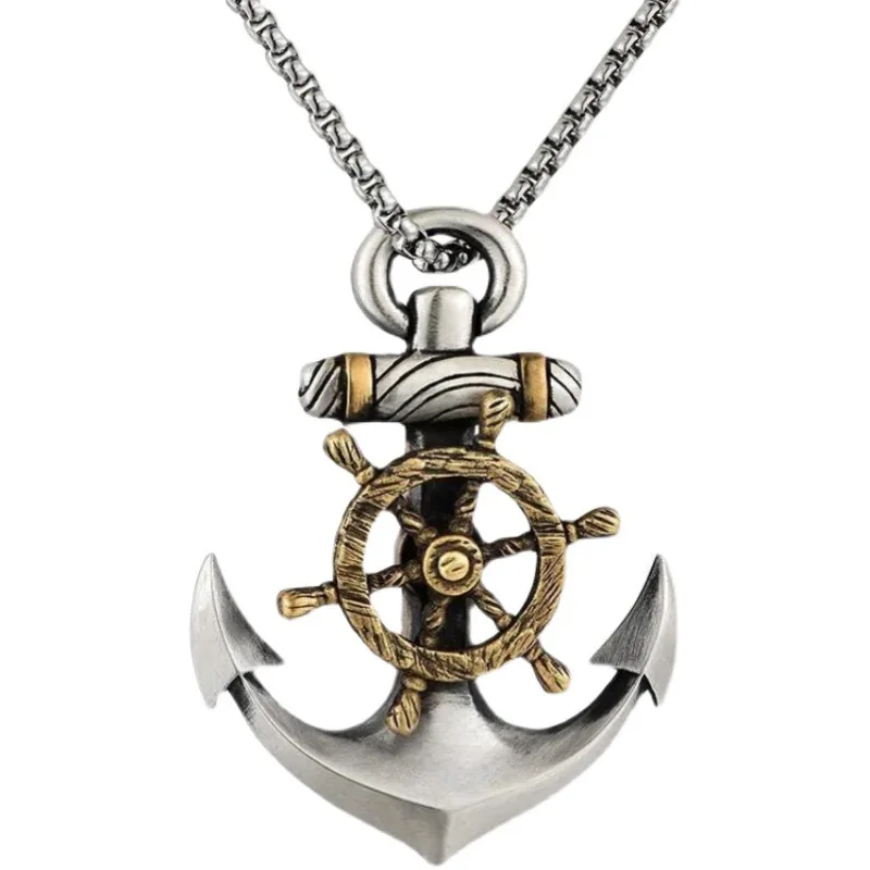 

HOYON 925 sterling silver anchor necklace for men male tide street personality compass rudder pendant personality wild rotation