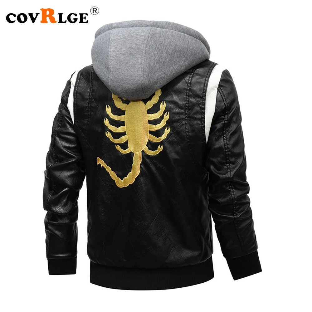 Covrlge New Spring Leather Man Jacket Removable Hoodied Scorpion Embroidery Motorcycle Jacket Men Slim Fit Leather Mens Jackets
