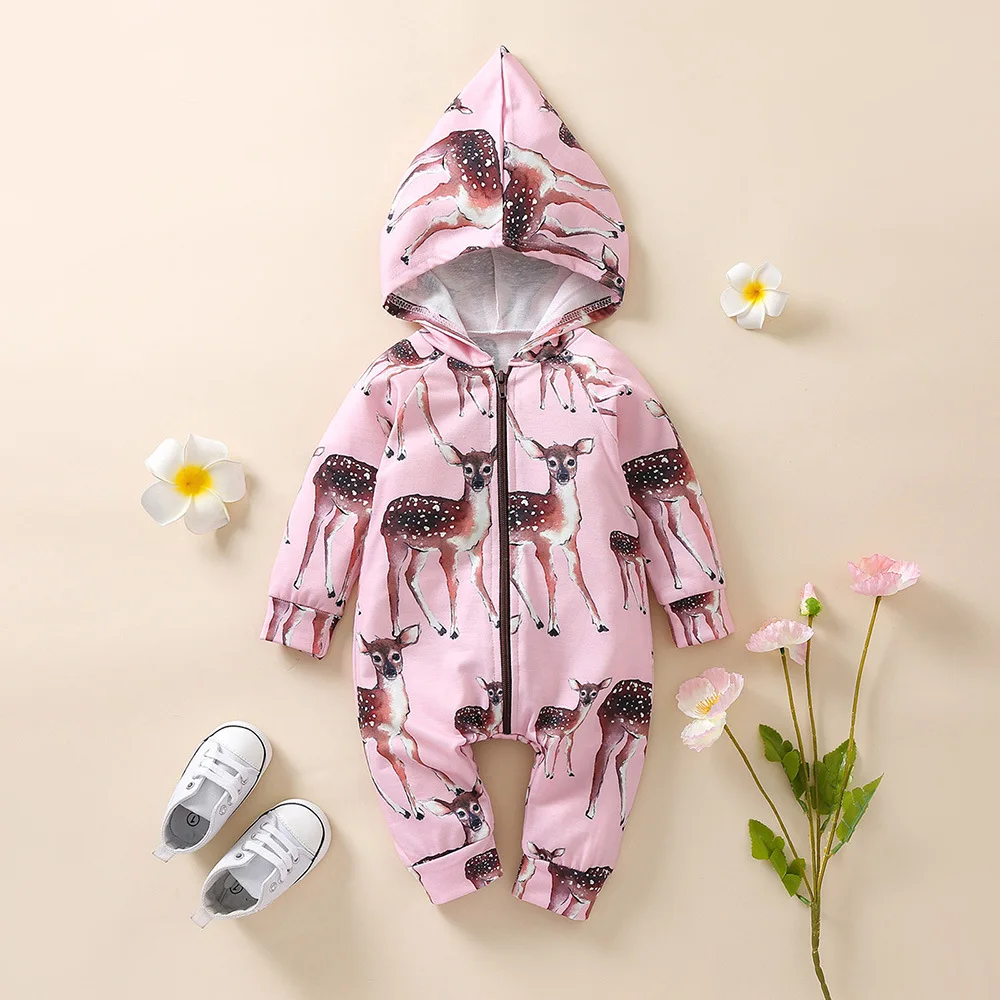 

Newborn Baby Boy Girl Cotton Pink Long Sleeve Fawn Pattern Cute Hooded Zipper Shirt Spring Autumn One Piece 0-24M