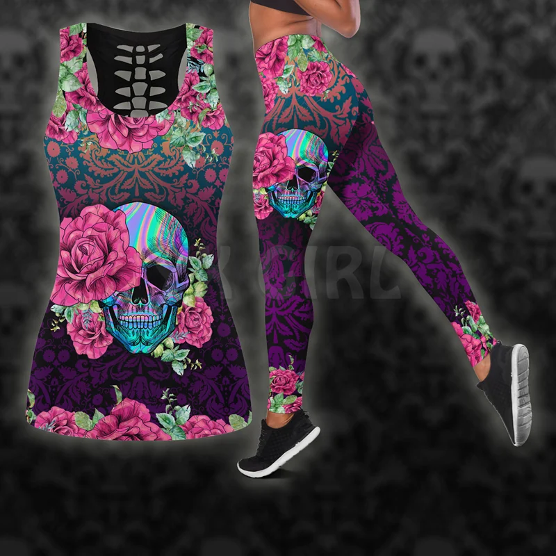 Skull Pink On Black Combo Tanktop + Legging 3D Printed Tank Top+Legging Combo Outfit Yoga Fitness Legging Women