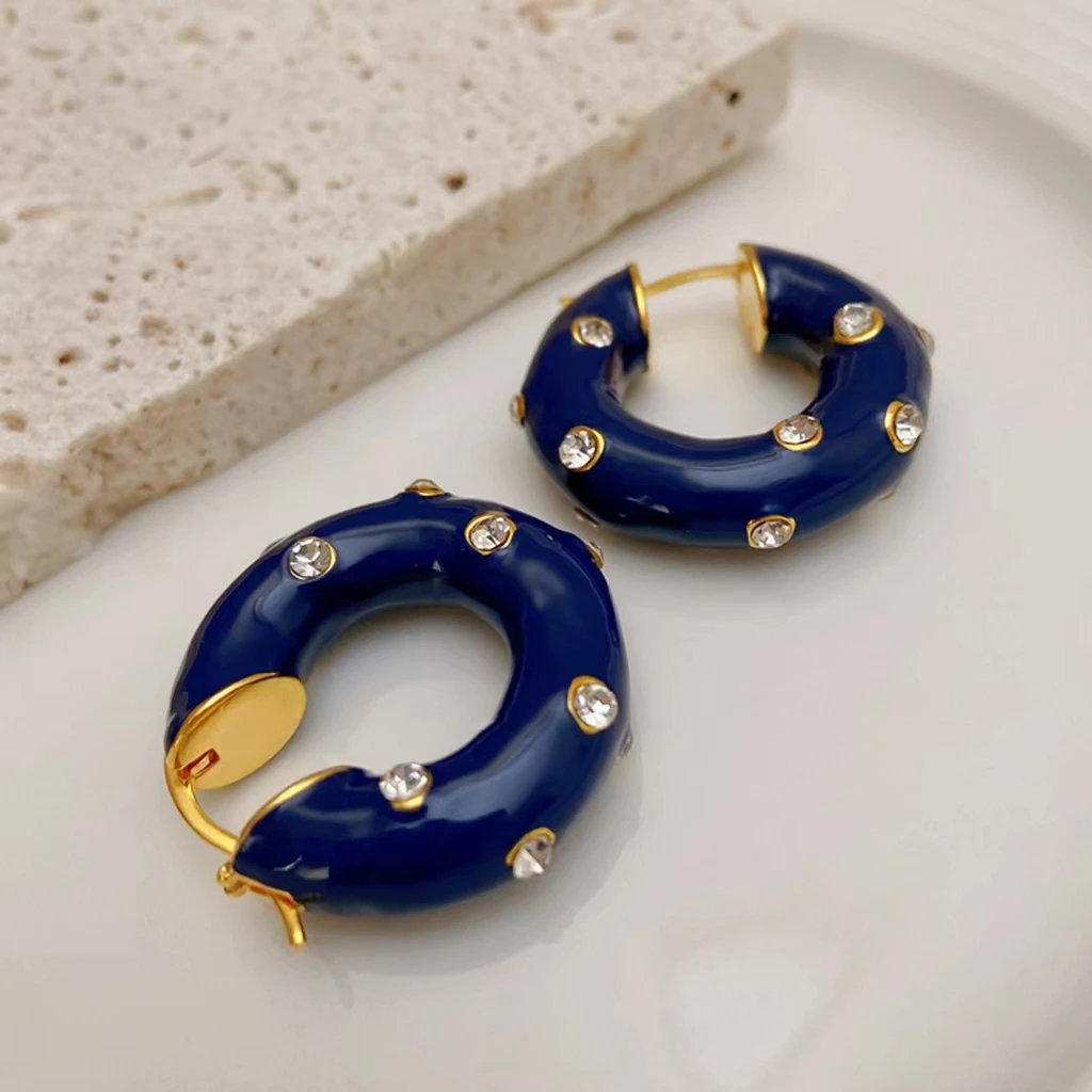 

Trendy high-end blue enamel drop glaze earrings textured copper plated women earrings