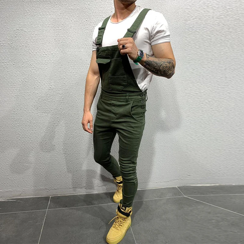 New Denim Bibs Slim Men's Jeans Jumpsuits Trousers Solid Color Male Overalls Full Length Skinny Pants Mameluco Hombre Trabajo