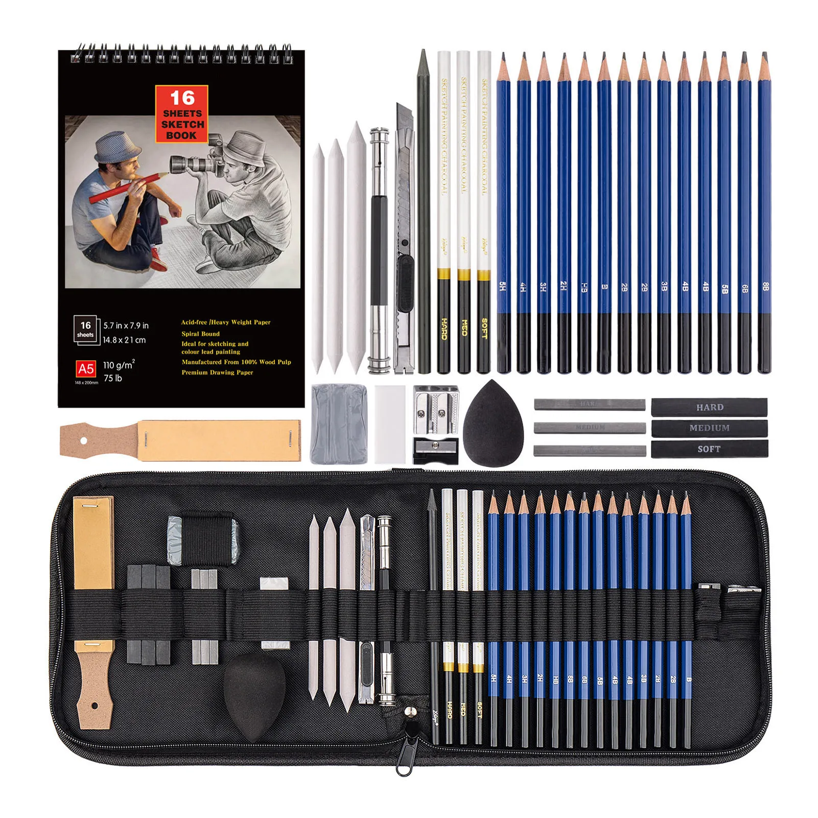 

37 Pcs Art Supplies Drawing Kit Sketching And Charcoal Pencils Travel Case For Painting Lovers Beginners&Professional Artists
