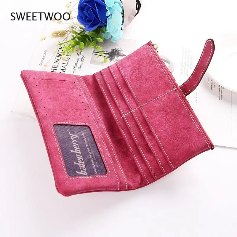 Long Purse Two Fold Women Wallets Drawstring Nubuck Leather Zipper Suede Wallet Ladies Clutch Bag