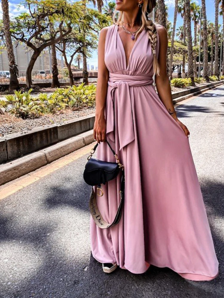 

Sexy V-neck Backless Cross Lace-up Long Dress Elegant High Split Pleated Beach Party Dress Women Solid Sleeveless Summer Dresses