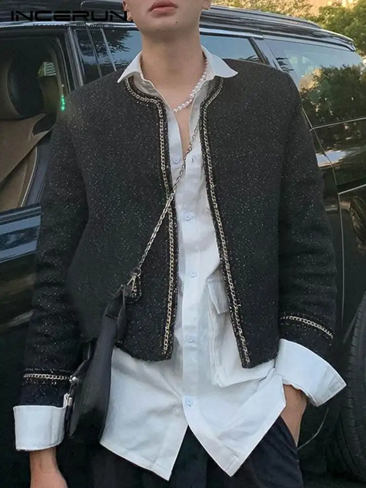 Fashion Casual Style Tops INCERUN 2022 New Men Stitching Chain Shirts Handsome Male Hot Sale Long-sleeved Cardigan Blouse S-5XL