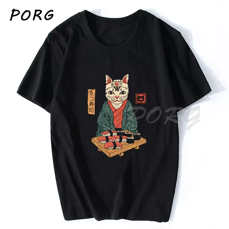 

2023NEW Sushi Cat Japanese Anime Men T Shirt Ulzzang Hip Hop Cotton Clothes Tshirt Funny Harajuku Summer Ulzzang Streetwear T-Sh