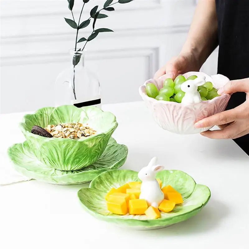 

Easter Bunny Ceramic Bowl Kids Fruit Salad Cutlery Dessert Rabbit Cabbage Bowl Easter Decorations Breakfast Cereal Cutlery Set