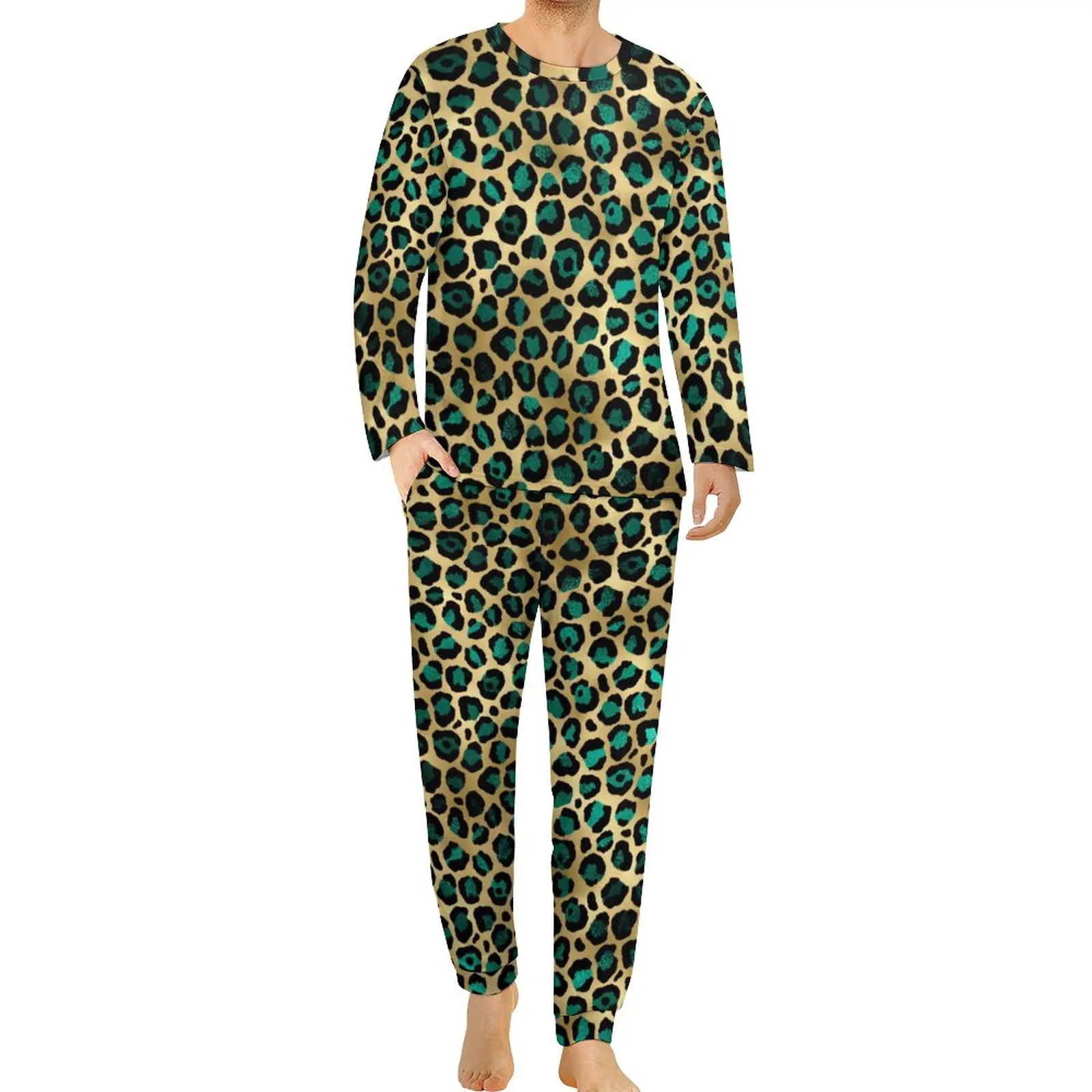 Teal And Gold Leopard Pajamas Spring 2 Pieces Spots Print Cute Pajamas Set Man Long Sleeve Leisure Home Suit Big Size 4XL 5XL