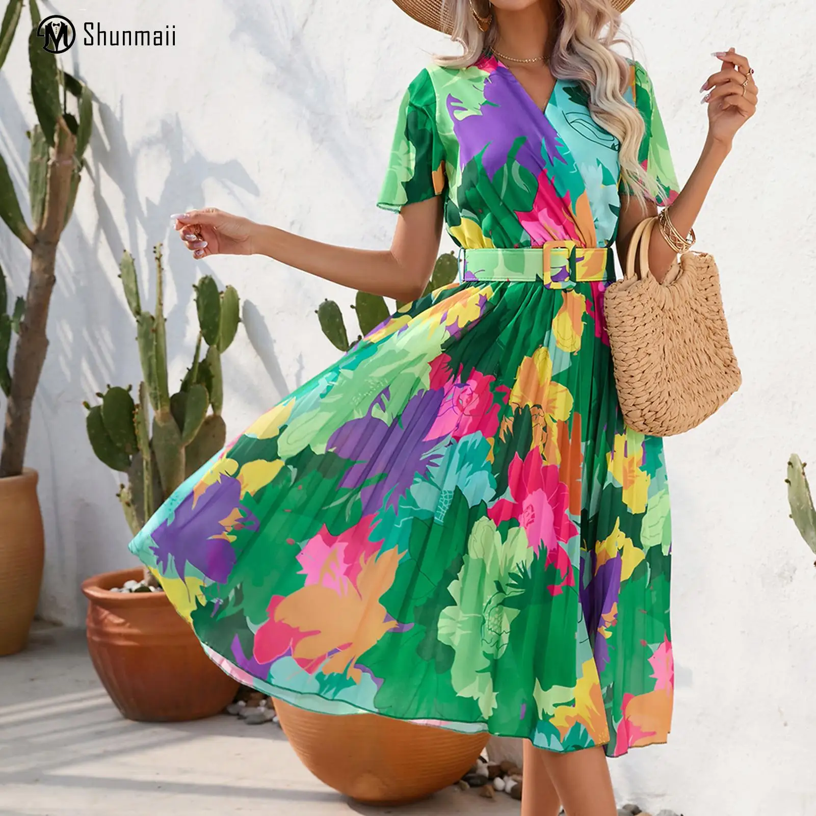 

Floral Printed Beach Skirt Loose Midi Female Elegant Dresses V-Neck Short Sleeve Belt Decor Pleated Polyester Fashion Dailywear