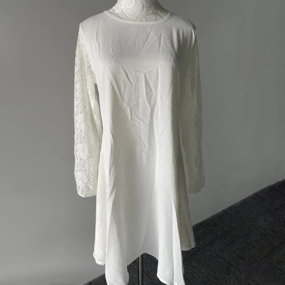 

Shrink Resistant Stylish Embroidery Lace Stitching Long Sleeve Casual Dress Comfy Mini Dress Waist Tight Female Clothes