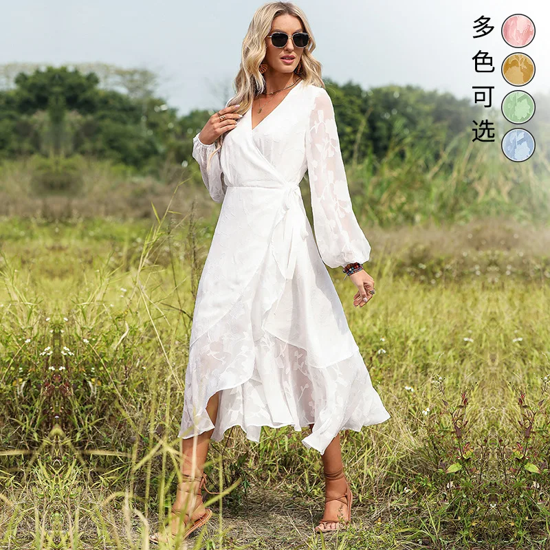 

Women's New Bohemian Beach Vacation Lace Up Waist Jacquard Dress Y2k Elegant and Pretty Women's Dresses