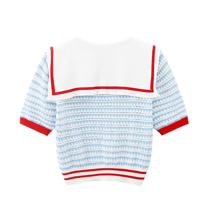 Женский однобортный вязаный кардиган в полоску с коротким рукавом и матросским