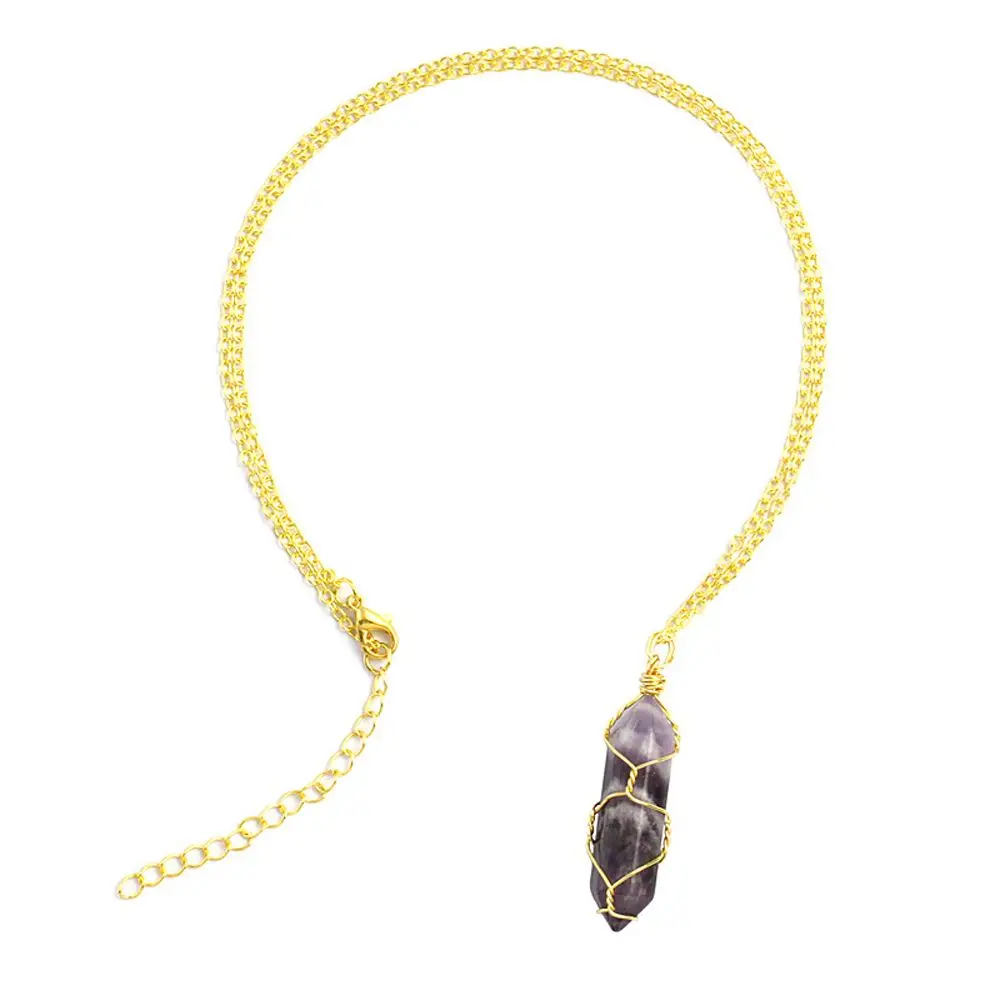 Natural Stone Hexagonal Pillar Winding Pendant Necklace Energy Colorful Crystal Charm Chain Jewelry for Women |