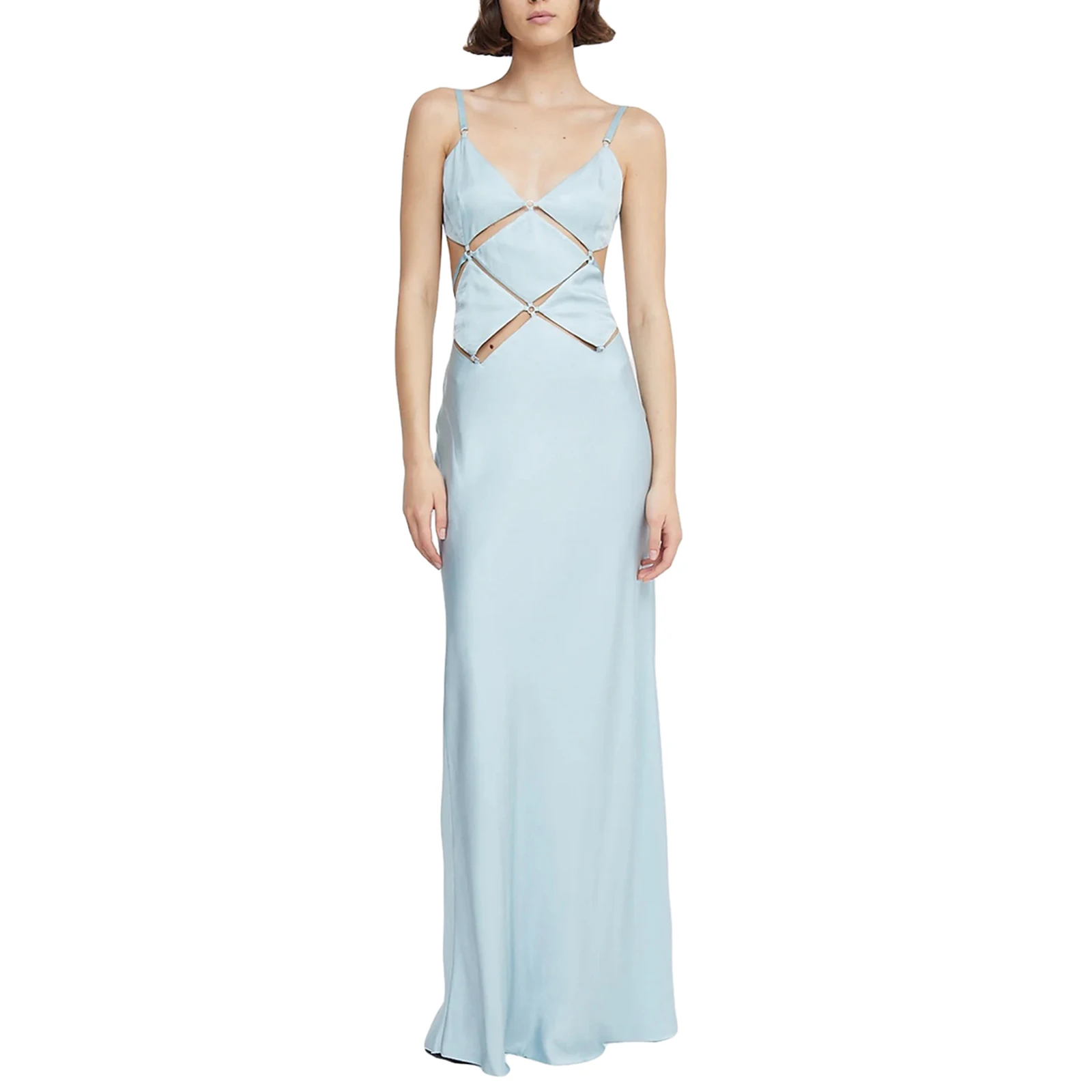 

Women's Summer Fitted Long Dress Solid Color Sleeveless Tie Up Open Back Hollow Cocktail Dress