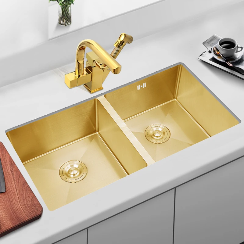 85x45 cm brushed gold kitchen sink under counter vegetable wash basin 304 stainless steel double bowl of the same size | Обустройство