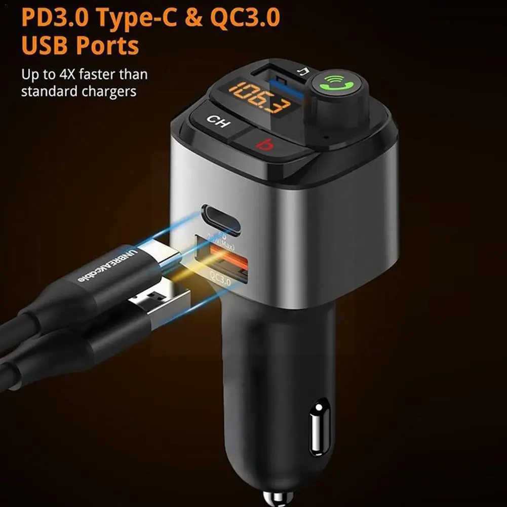 

1 шт. 5,0 FM-передатчик применим к автомобильному QC3.0 18 Вт Bluetooth-модулятору, USB PD беспроводной FM Type-C FM Y8S6