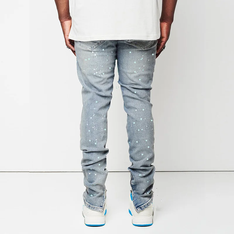 New Men's Jeans Slim Cut Hole Leggings Pencil Pants New Men's Painted Jeans Full Length Denim Pants Streetwear Men Trousers