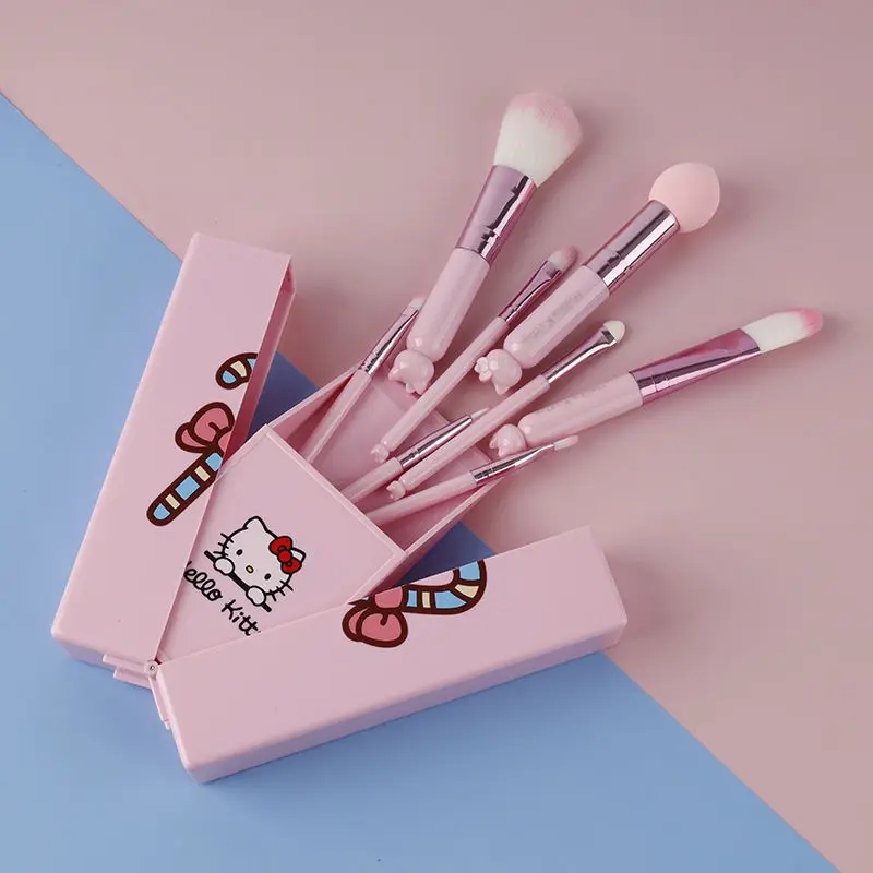 Hellow Kitty Sanrio Plush Kawaii Cartoon Cute 8 Makeup Brushes with Mirror Set Anime Plush Toys for Girls Birthday Gift
