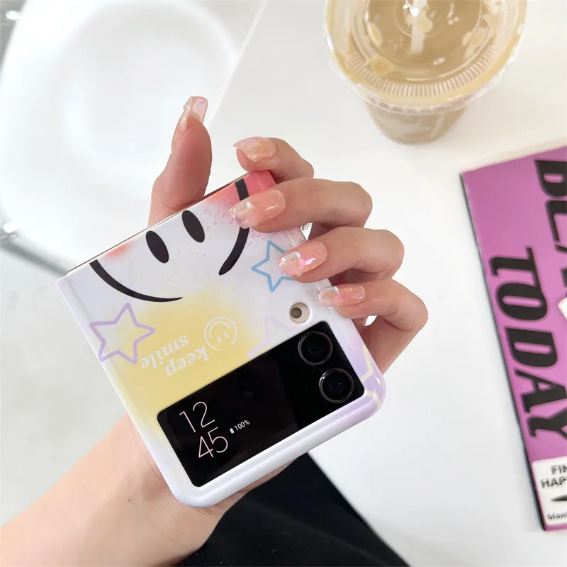 Colorful Star Smiling Face Phone Case for Samsung Galaxy Z Flip 4 3 Hard Cover for ZFlip3 Zflip4 Solid Shell Bracket