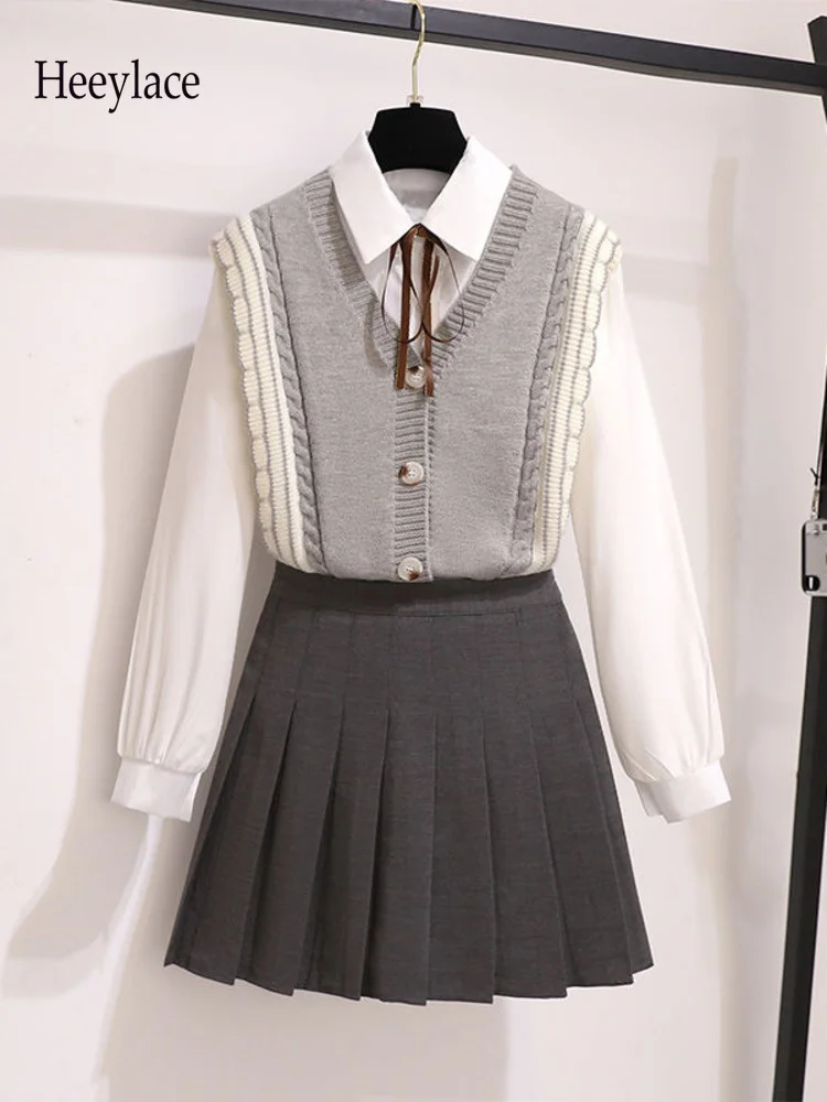 

Autumn Three Piece Sets Womens Outfits Korea Casual Turn-down Collar Blouse+knitted Vest+pleated Skirts Sets For Women Clothing