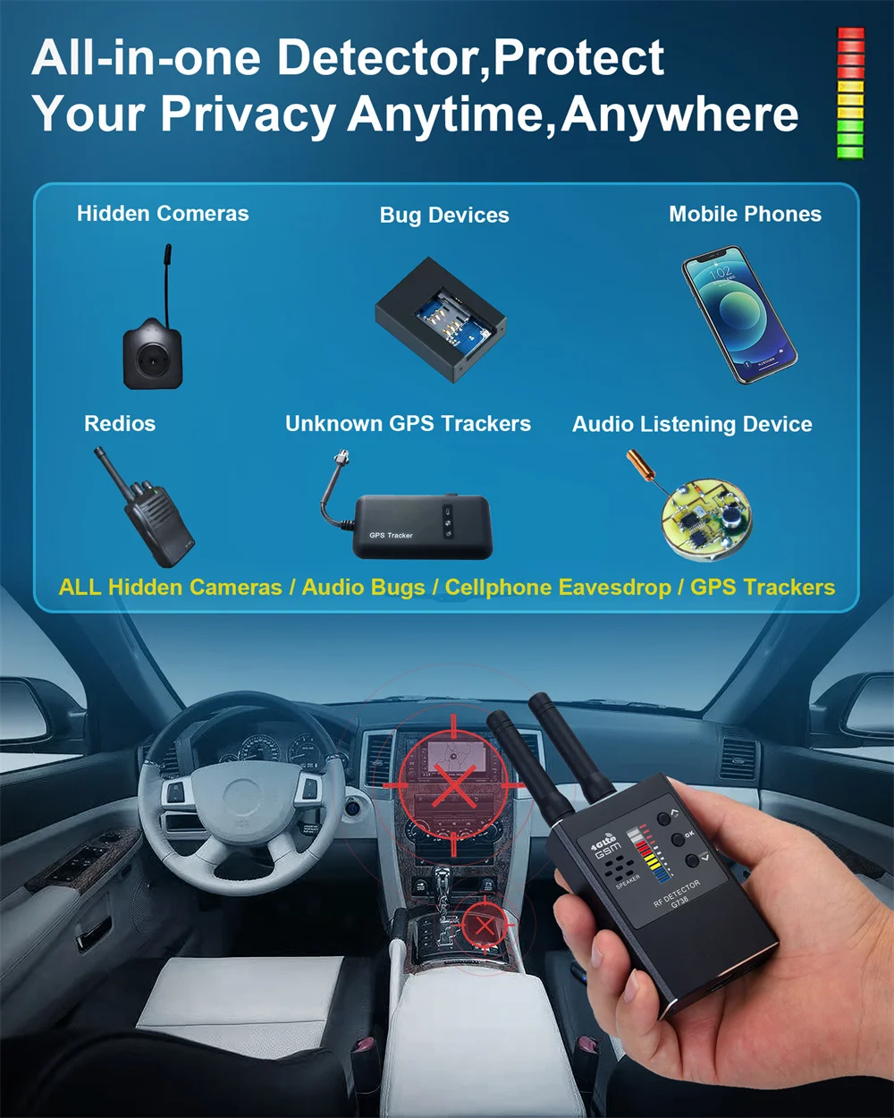 G738 Profession Anti Spy Detector Wireless Hidden Camera RF Signal Bug GSM GPS Tracker Eavesdropping Device Spy Hearing Finder enlarge