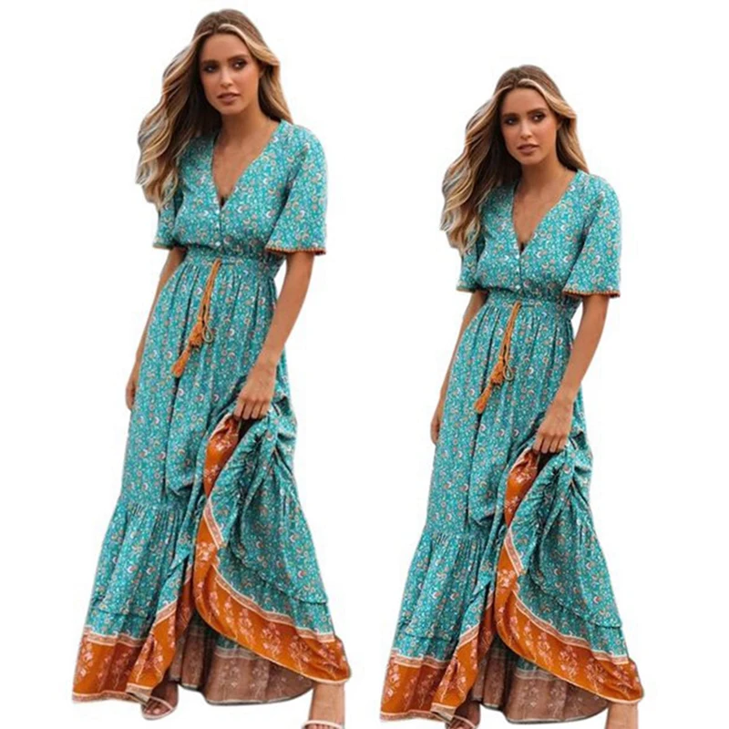 

2PCS Retro Maxi Dress Women Summer Short Sleeve V Neck High Waist Dress Floral Print Boho Beach Long Dress, M & L