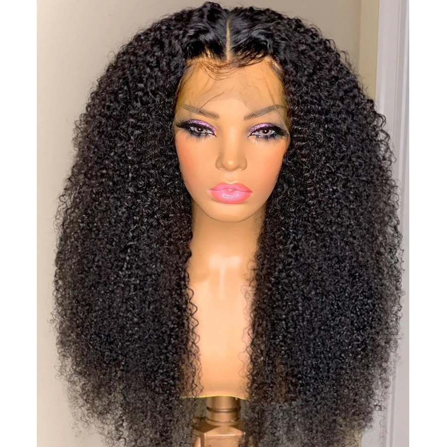 

Soft Glueless Preplucked 180 Density Kinky Curly 26 Inch Long Black Lace Front Wig For Women Babyhair Natural Hairline Daily