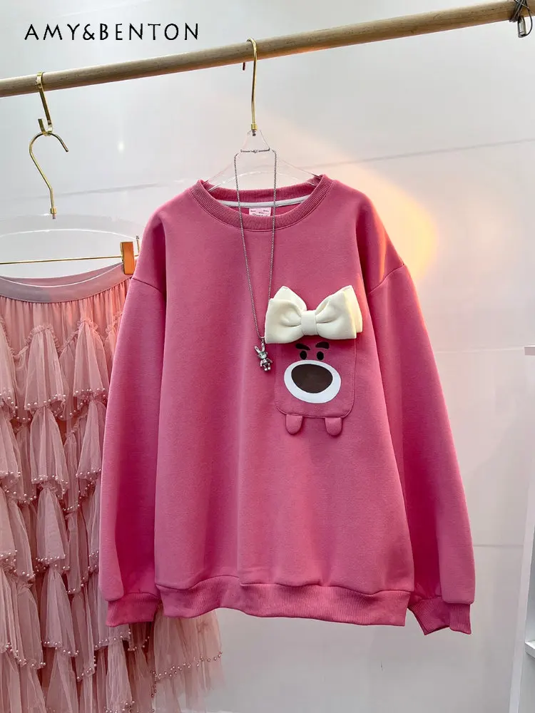 

Cartoon Three-Dimensional Bow Decoration Sweatshirts for Ladies Cute Sweet Fashion All-Match Pullover Women's Loose Tops